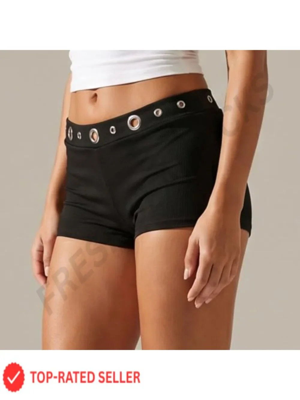 Y2K Grommet Eyelet Micro Mini Shorts High Rise Punk Rave Pull On Black